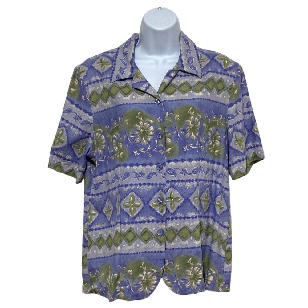 Alfred Dunner-Women's Large Top Button Down Short Sleeve Multi-Color Collared